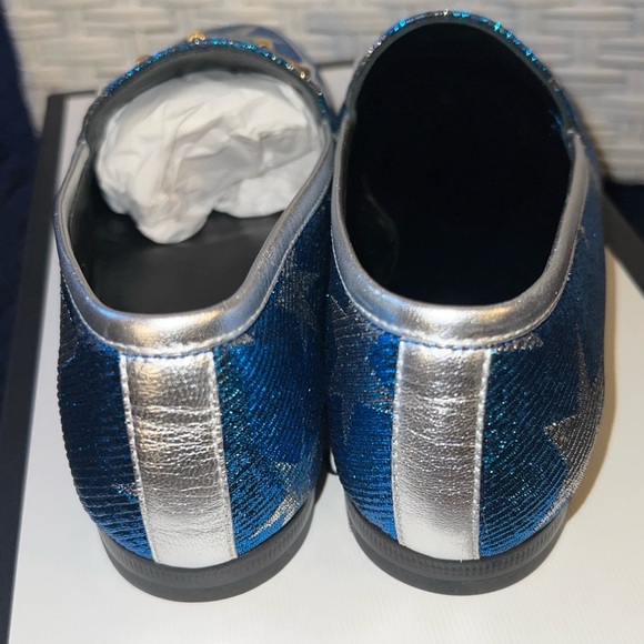 GUCCI Women’s Blue Silver Starry Sky Print Lurex Jordaan Loafers Size 36 - Picture 3 of 6